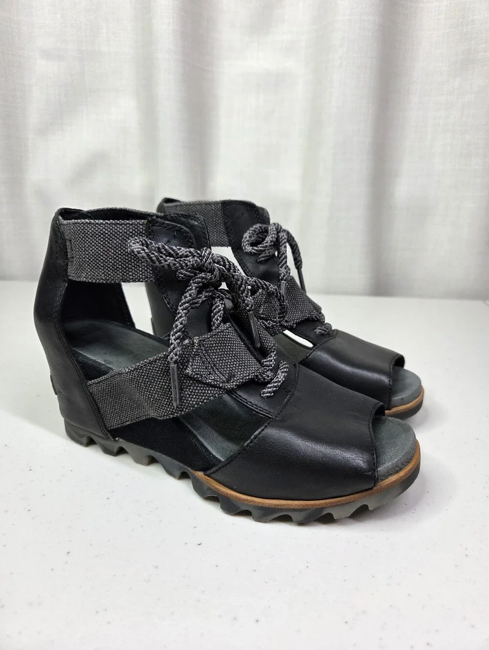 Sorel Joanie Leather Lace Up Wedge Sandals Women's Black Open-Toe